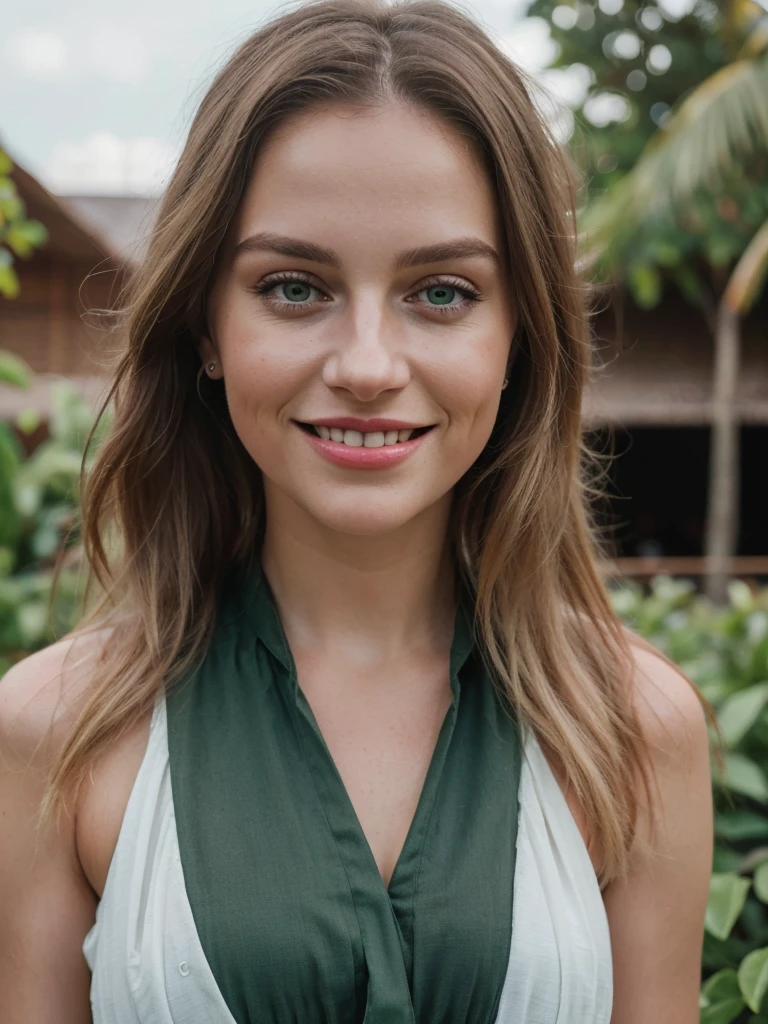 a young beautiful woman with dark blonde hair and green eyes in bali, lifestyle photography, smiling, fashionable influencer, (best quality,4k,8k,highres,masterpiece:1.2),ultra-detailed,(realistic,photorealistic,photo-realistic:1.37),HDR,UHD,studio lighting,vivid colors,bokeh,portrait,fashion,lifestyle,influencer