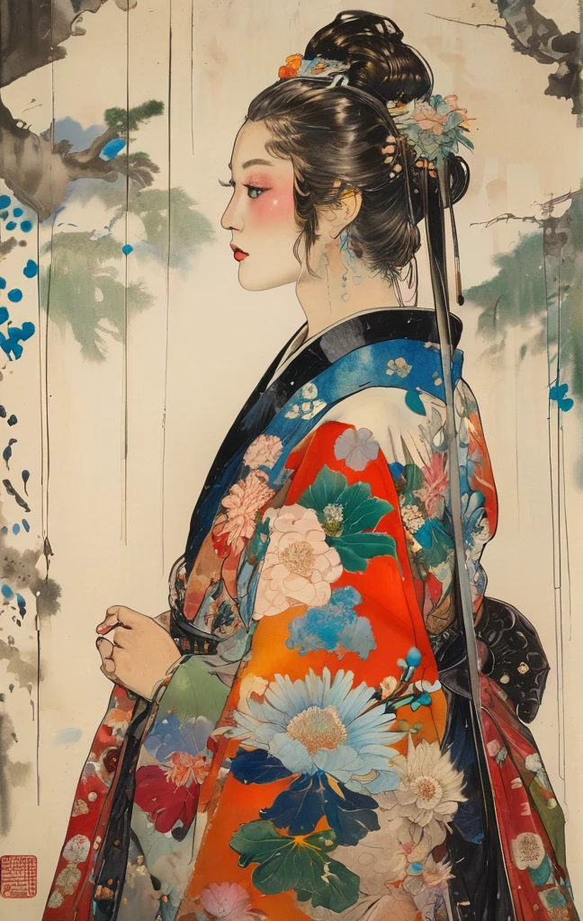 Holding a sword in front of her face, she is dressed in traditional Japanese clothing adorned with floral patterns, while the background is painted with colorful patterns representing ancient symbols and floral motifs. The background is richly painted with geometric shapes, adding depth to the figure's presence and creating a whimsical atmosphere. The background features bold colors and intricate designs, enhancing the overall visual appeal. The piece features vibrant hues and intricate detailing in both her costume and armor, capturing her in motion as she strides forward in the style of Takato Yamamoto.