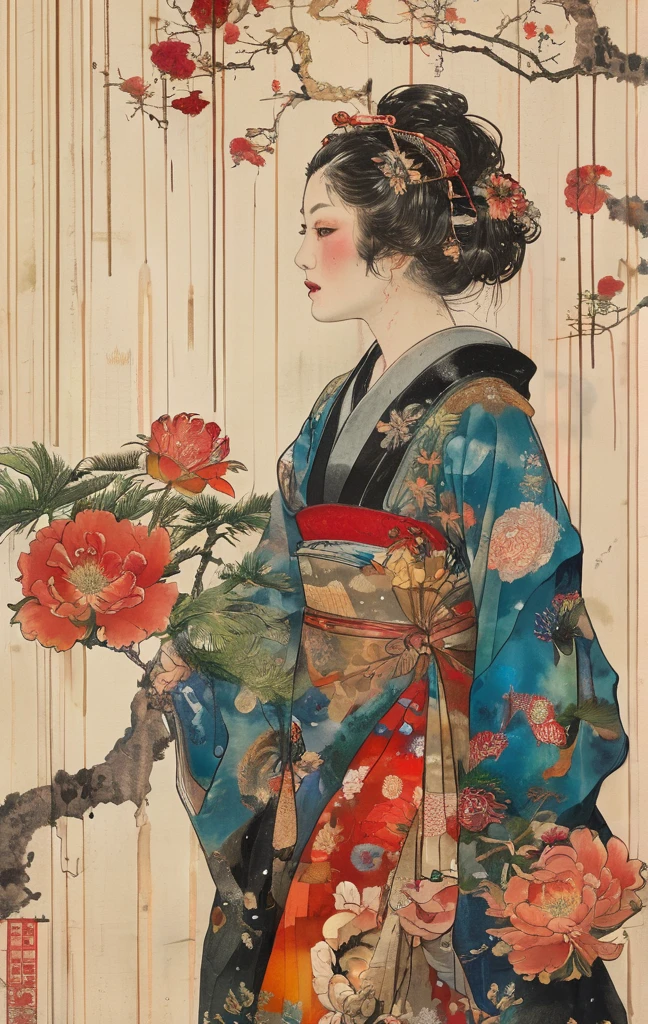 Holding a sword in front of her face, she is dressed in traditional Japanese clothing adorned with floral patterns, while the background is painted with colorful patterns representing ancient symbols and floral motifs. The background is richly painted with geometric shapes, adding depth to the figure's presence and creating a whimsical atmosphere. The background features bold colors and intricate designs, enhancing the overall visual appeal. The piece features vibrant hues and intricate detailing in both her costume and armor, capturing her in motion as she strides forward in the style of Takato Yamamoto.