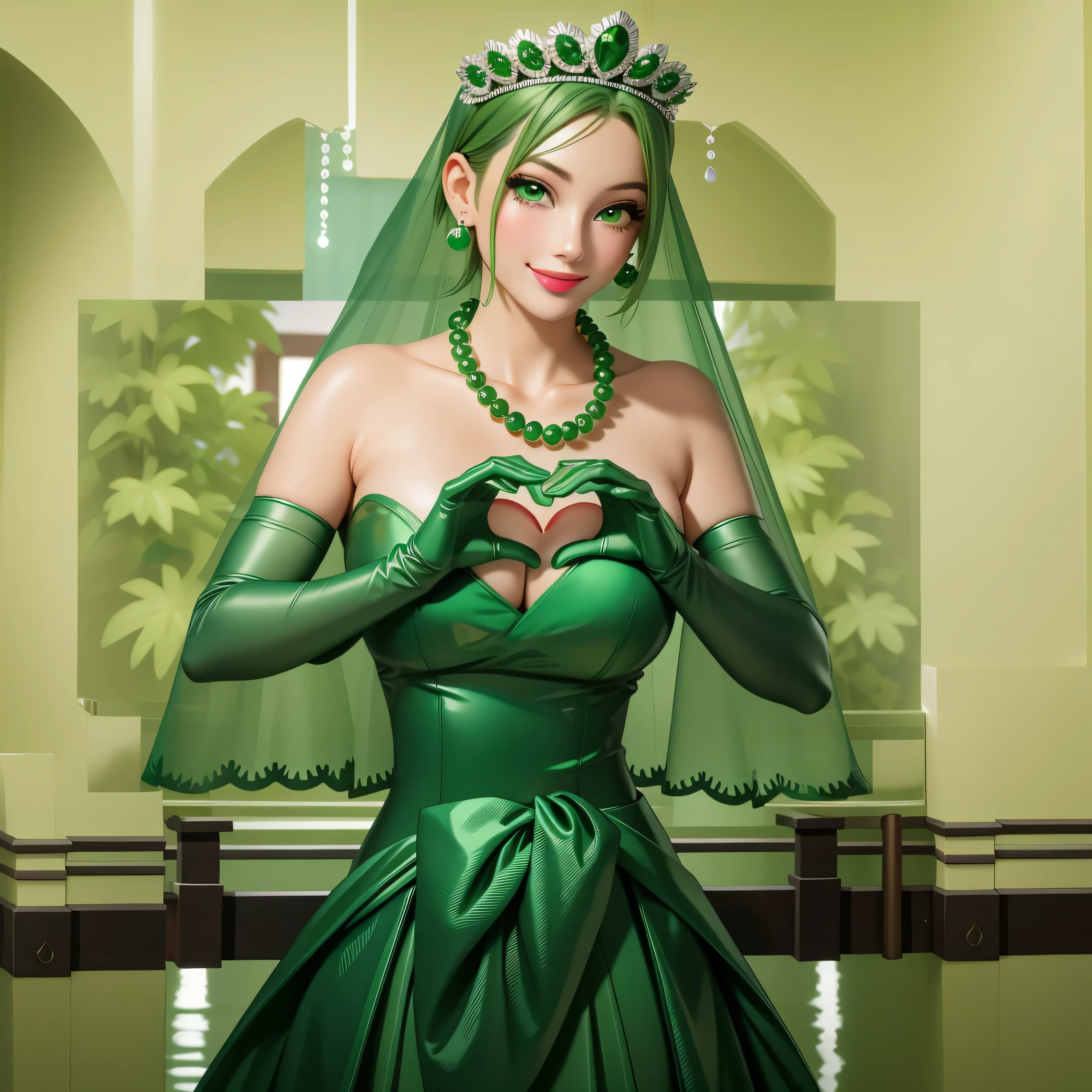 emerald tiara, Green Pearl Necklace, Boyish very short green hair, Green Lips, Smiling Japanese woman, Very short hair, Busty beautiful lady, Green Eyes, Green satin long gloves, Green Eyes, Emerald Earrings, Green veil, Heart with both hands, Green Hair, Beautiful Japanese Woman, Heart shaped hands:1.3, green lip gloss