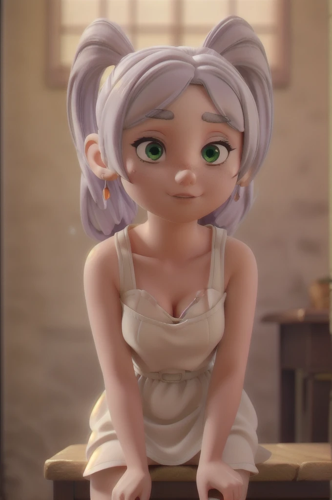 èŠ™èŽdryè“®,One girl,alone,Fairy,Gray Hair,灰colorの髪の毛,earriSleeveless dress,White Dress,Sleeveless dress,Bare shoulders,clavicle,ngs,Pointed Ears,Long Hair,ponytail,Green Eyes,Twin tails,Parted bangs,Thick eyebrows,Browsing Caution,Small breasts,Cleavage,Browsing Caution, 20-year-old,young woman,beautiful指,beautiful長い脚,beautiful体,beautiful鼻,beautifulキャラクターデザイン, Perfect Eyes, perfect face,Expressive eyes,Sitting in a chair,Spreading her legs,Panties are visible,
View your viewers,
Official Art,非常に詳細な CG ユニティ 8K 壁紙, Perfect lighting,colorful, bright_front_face_Lighting,Shiny skin, 
(masterpiece:1.0),(Highest_quality:1.0), 超High resolution,4K,Super detailed,
photograph, 8K, High resolution, High resolution, Absurd:1.2, 400 for Kodak Port, Film Grain, Blurred Background, Bokeh:1.2, Lens flare, (Vibrant_color:1.2), (beautiful_face:1.5),(narrow_Waist), ,Browsing Caution,, Amazing visuals, High resolution,masterpiece,Highest quality,