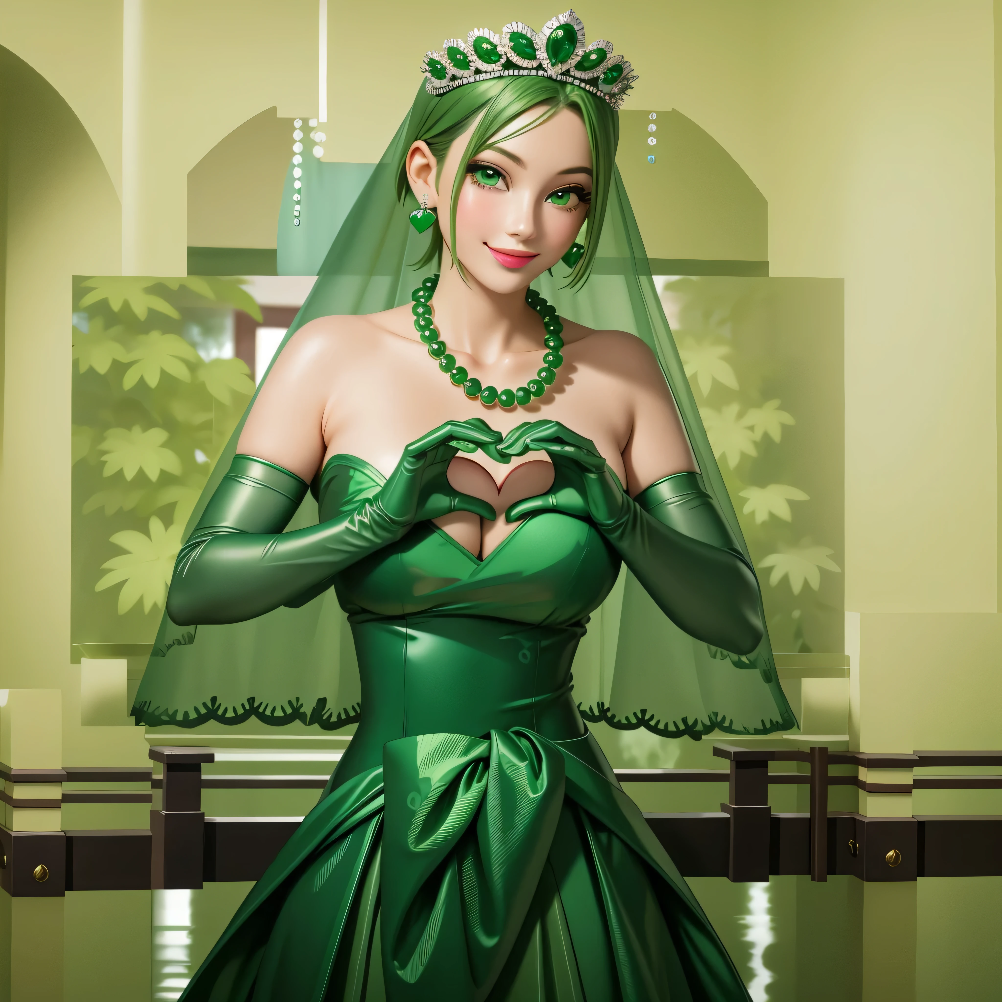 emerald tiara, Green Pearl Necklace, Boyish very short green hair, Green Lips, Smiling Japanese woman, Very short hair, Busty beautiful lady, Green Eyes, Green satin long gloves, Green Eyes, Emerald Earrings, Green veil, Heart with both hands, Green Hair, Beautiful Japanese Woman, Heart shaped hands:1.3, green lip gloss