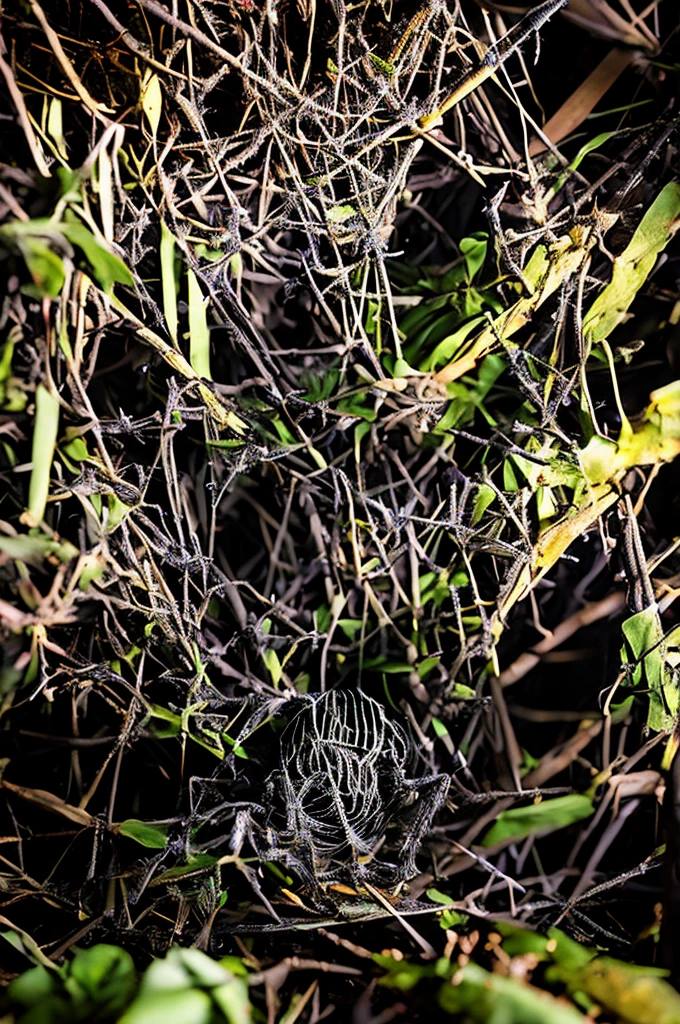 a bunch of alien spiders and spiderwebs hanging in a moonlit forest, masterpiece, best, photo realistic
