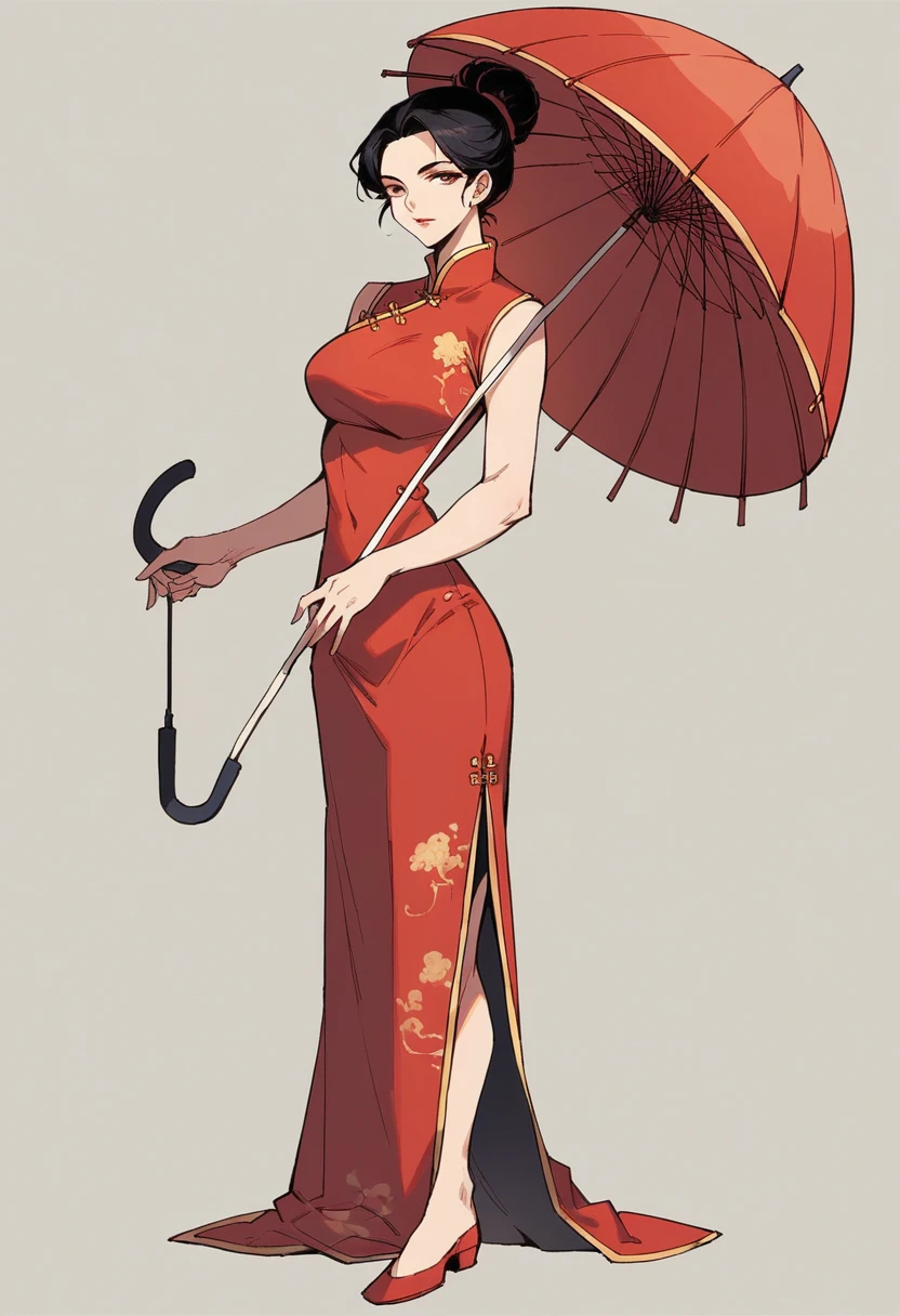 red chinese dress, 1 girl, standing alone, Bblack hair, shorth hair, trunk, ssmile, parasol, mature woman,