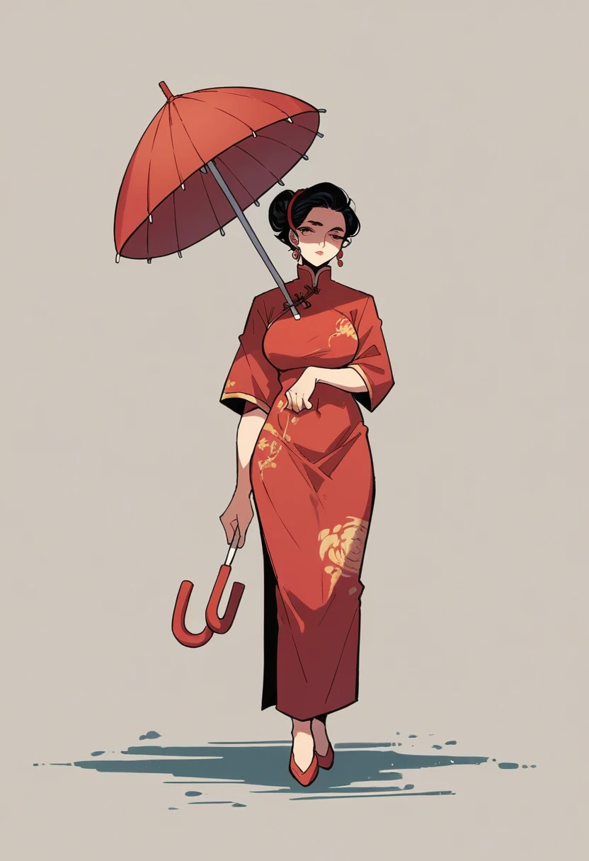 red chinese dress, 1 girl, standing alone, Bblack hair, shorth hair, trunk, ssmile, parasol, mature woman,