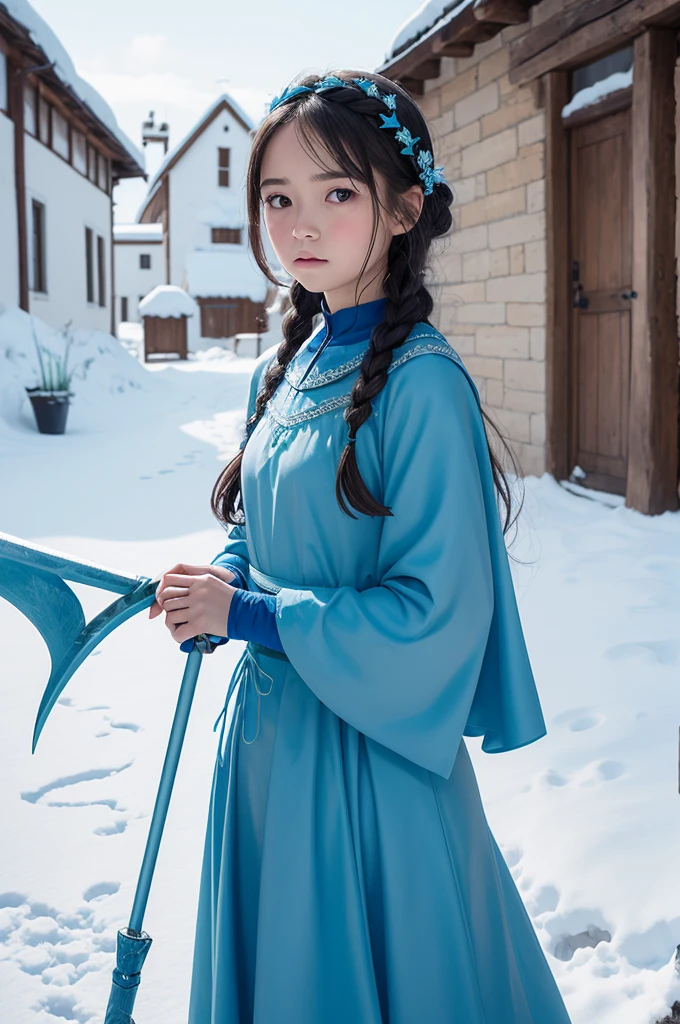 Create a simple drawing of a girl holding an ice scythe and a blue lily and wearing a blue turquoise dress from the medieval era and with an expression of sadness in a snowy village