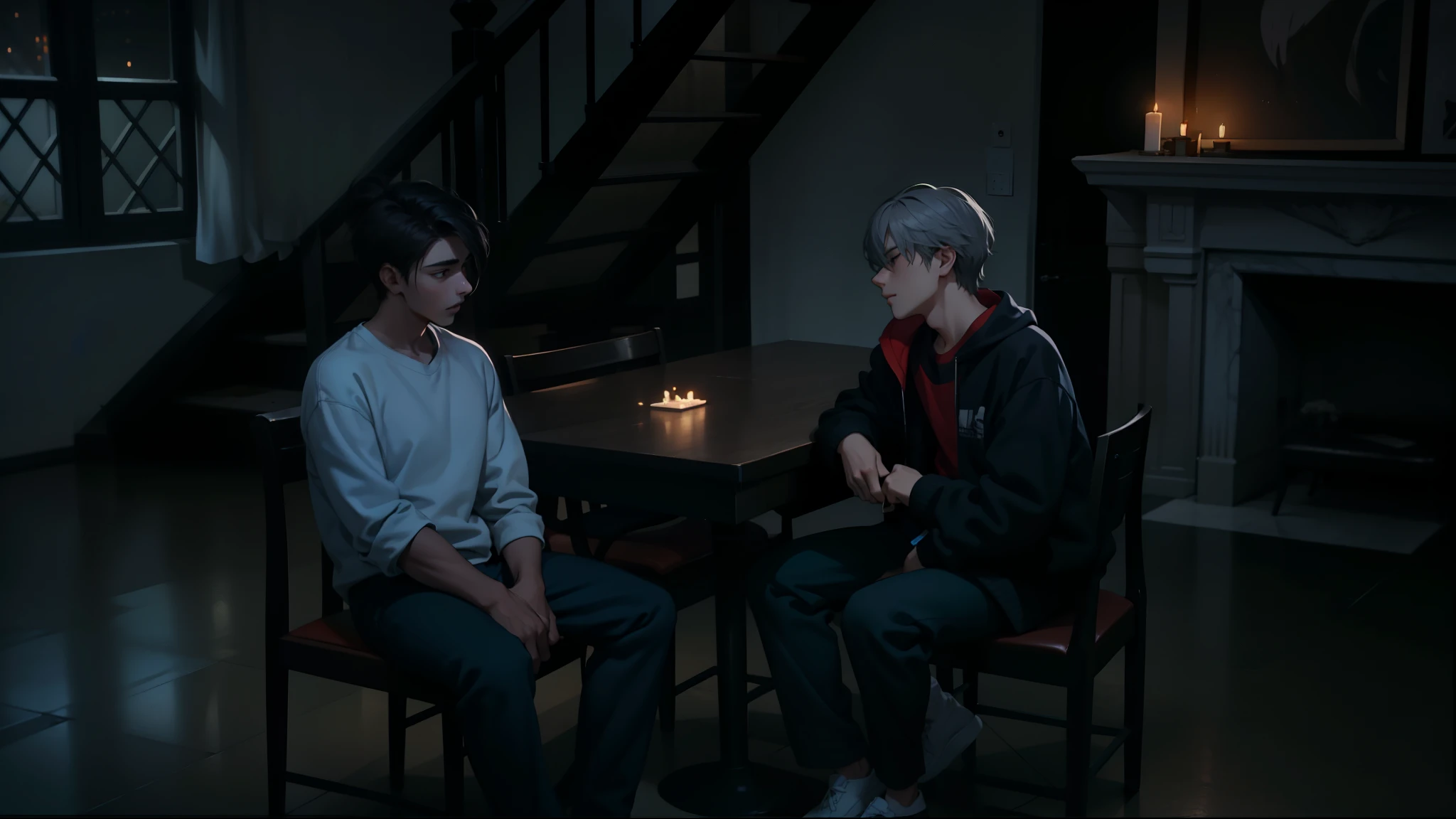 There are two 17-year-olds sitting in the dining room, they are somewhat uncomfortable talking, their hair is gray.