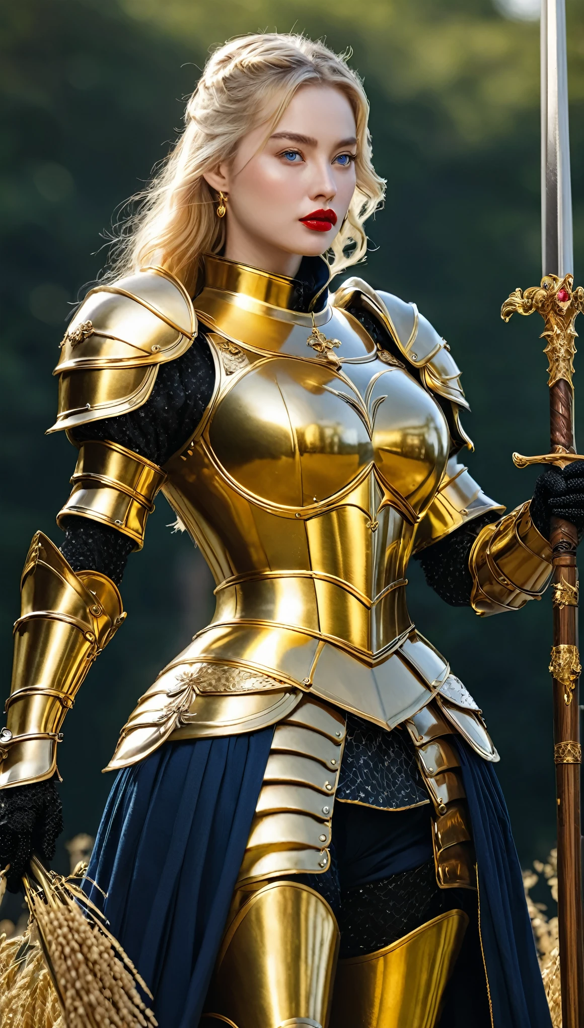 masterpiece,Highest quality,wonderful,(Female Knight_Female Knight:1),(Full body golden armor:1.3), (35歳のFemale Knight:1.3),、Big and ample breasts, Big Breasts,Big Breasts,belly button,Hyper Real,中世ヨーロッパの都市のbattlefieldにいる,Expressionless,、British women、Delicate skin texture to the smallest detail 、(Detailed blue eyes)、(Chubby body type))、(Very large)、Middle-aged women、(ふわふわblondeの長い髪)、Wheat tanned skin、(blonde)、Very large、European Female Knight、Big Breastsの谷間、豪華に装飾されたFull body golden armor、Medieval witch、High Leg、Golden long boots with flashy decorations、Deep neckline、Pure gold and jewellery necklaces and collars、Big gold earrings、Bright red lips、豪華なFull body golden armorを着て、Gold Long Gloves、She has a big long sword、The sword is ornately decorated..........................、The blade is pitch black、(Female Knight)、(battlefield)、