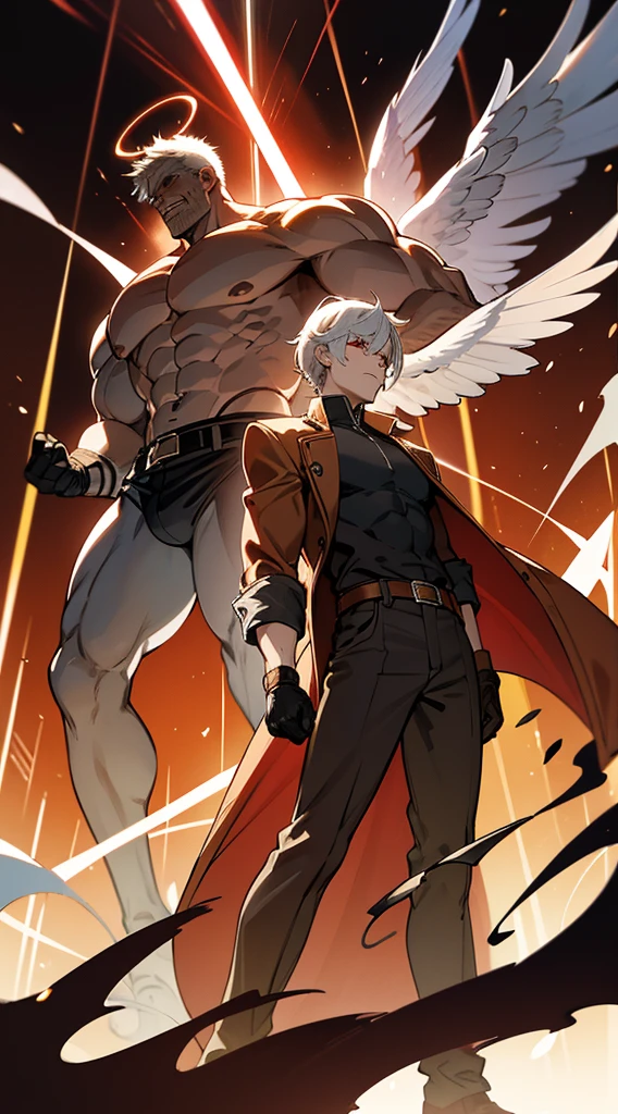 Character sheet, full body, various angles, character design, angel transformation, demon transformation and human transformation, from below, anime style, 4K, high quality, handsome man, white hair, very short hair, ((cut to crew cut: 1)), red eyes, fair skin, ((muscular: 1)), man, 28 years old, muscular, in good shape, muscular, barbarian race, many muscles, warrior, giant man. no shirt, gold details, brown leather shawl, loose gray pants, black and brown belts, black boots, brown gloves, many belts, red halo, halo behind the head, horns on the head, angel transformation, demonic transformation, three transformations , elemental power of light, elemental power of shadow, a seraphim of chaos, power of death, power of life.