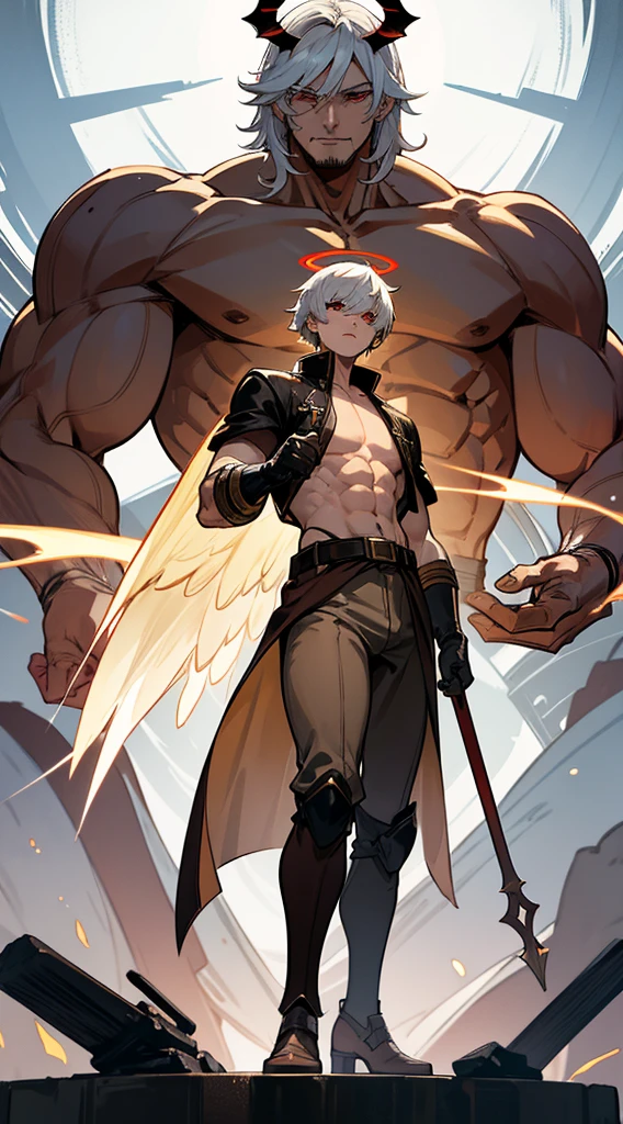 Character sheet, full body, various angles, character design, angel transformation, demon transformation and human transformation, from below, anime style, 4K, high quality, handsome man, white hair, very short hair, ((cut to crew cut: 1)), red eyes, fair skin, ((muscular: 1)), man, 28 years old, muscular, in good shape, muscular, barbarian race, many muscles, warrior, giant man. no shirt, gold details, brown leather shawl, loose gray pants, black and brown belts, black boots, brown gloves, many belts, red halo, halo behind the head, horns on the head, angel transformation, demonic transformation, three transformations , elemental power of light, elemental power of shadow, a seraphim of chaos, power of death, power of life.