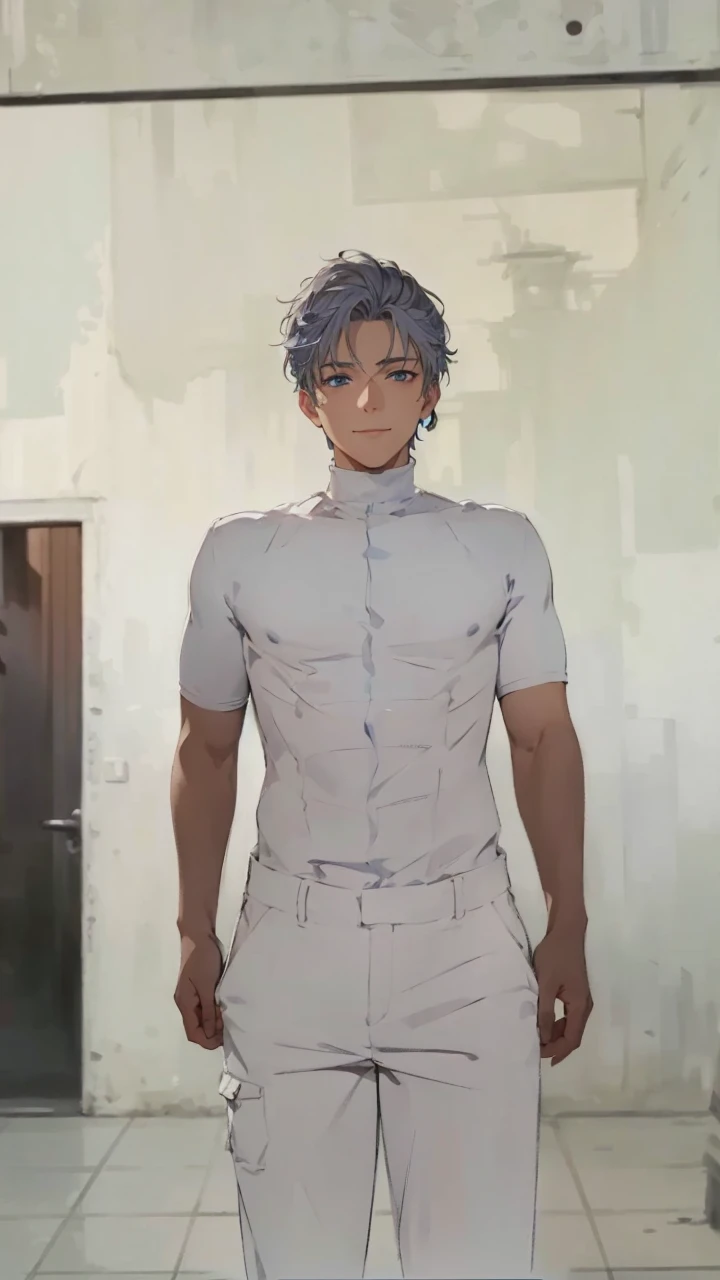 (absurd、High resolution、super detailed、nffsw)、masterpiece、highest quality、male 、solo、Handsome、short hair、gray hair、blue eyes、fine eyes and detailed face、casual clothes、true shadow、joy、connect ears、Upper body、blur the background、smile、City of night、