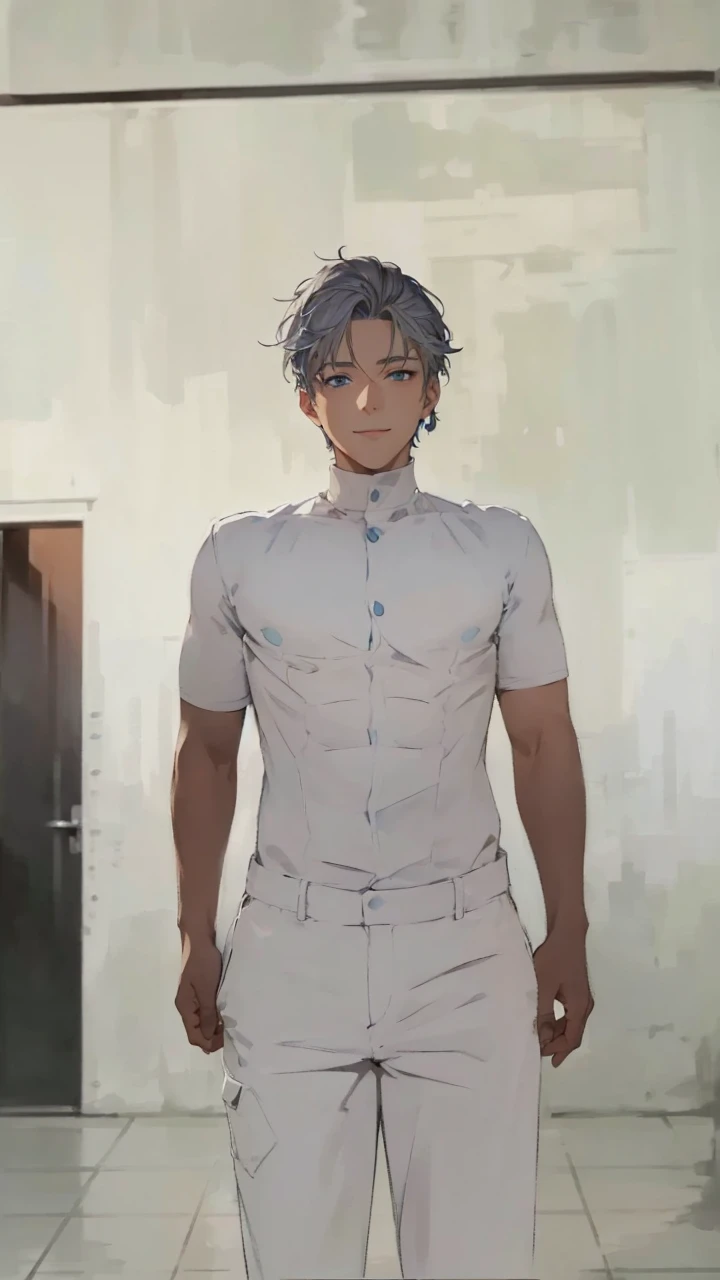 (absurd、High resolution、super detailed、nffsw)、masterpiece、highest quality、male 、solo、Handsome、short hair、gray hair、blue eyes、fine eyes and detailed face、casual clothes、true shadow、joy、connect ears、Upper body、blur the background、smile、City of night、