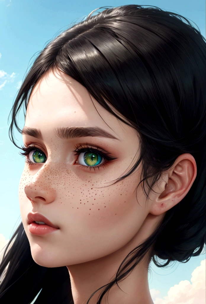 girl with green eyes in profile close up black hair freckles on nose hd blue sky background