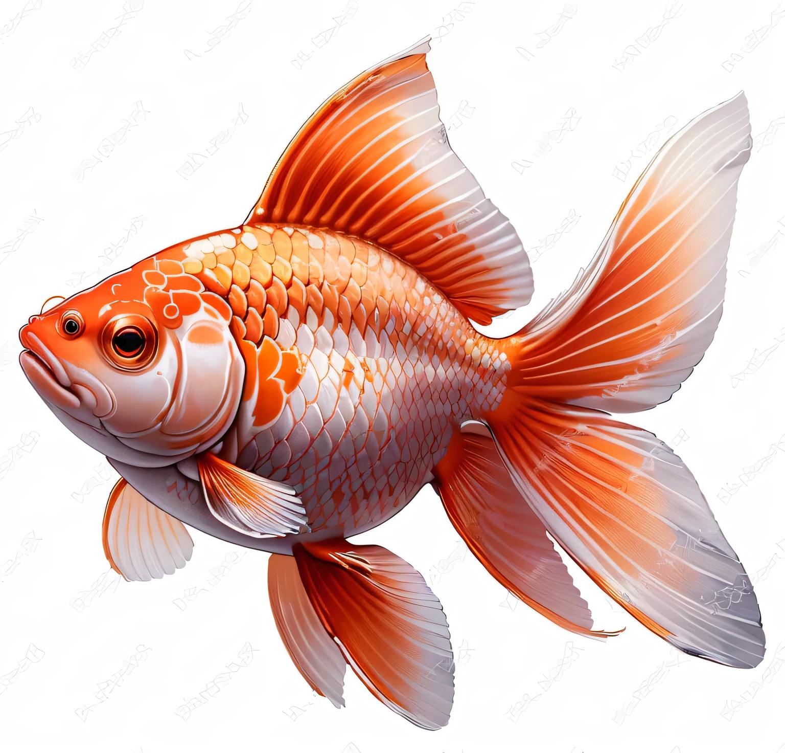 a close up of a goldfish with a white background, goldfish, HD illustrations, High Detail illustration, Very detailed illustrations, Realistic illustration, Koi, High Detail), Goldfish exoskeleton in water, Very detailed illustrations.”, High-quality illustrations, floating goldfish, Highly detailed high resolution, ultra Realistic illustration, Highly detailed illustrations, vivid, detailed and realistic