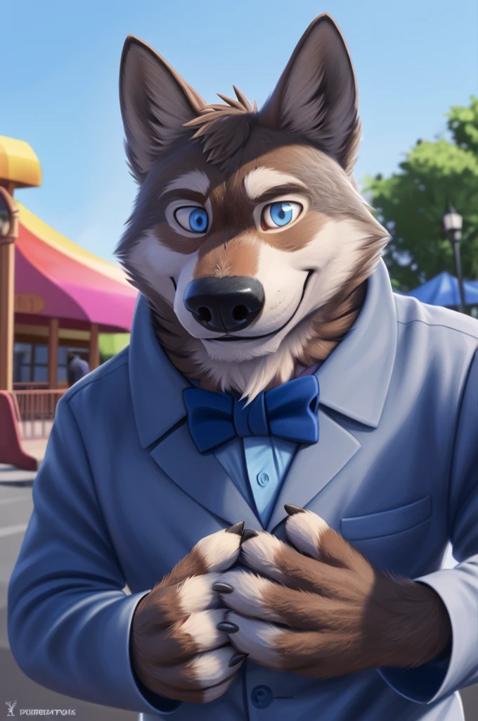 Larry (Zveropolis), wolf, Gray Fur, (brown body:1.3), beautiful blue eyes, Zveropolis, dressed,shirt bow tie,trousers, canine,wolf, detailed fur, male, second, paw pads, finger claws, viewer, 5 fingers, paws, 4 toes,holds, times, close to the camera, Amusement park, shirt, bow tie, 
BREAK from nextel, for dating, by xenoforge, (difficult, high detail,digital photography, soft focus, RAW, close to the camera, smile, positive, Good, mood, Houses, смотрит на viewer, очень close to the camera, goes on a date, 
Photorealism, realistic, photorealistic,digital style, Subsurface scattering,очень close to the camera кольцо на пальце руки,father of his daughter, 
masterpiece, Best quality, ultra realistic, 8 thousand.)