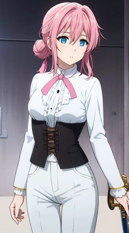 Tied pink hair, blue eyes, white pants, black corset, white long-sleeved blouse, sword at side, brown boots