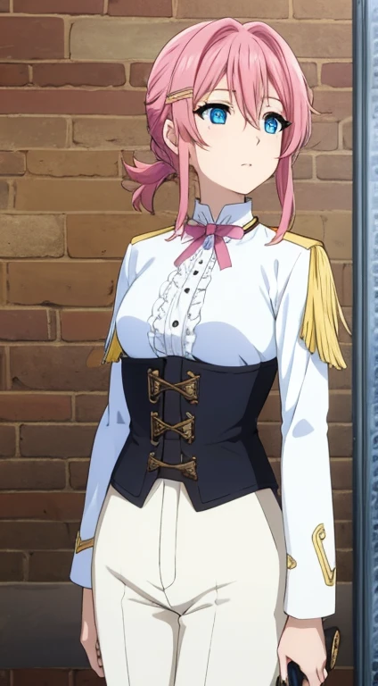 Tied pink hair, blue eyes, white pants, black corset, white long-sleeved blouse, sword at side, brown boots