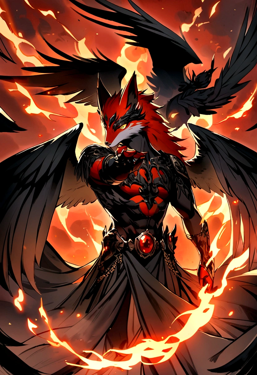 A male red fox with the power of a black angel with black wings who has the power of flaming green flames that burns to the soul