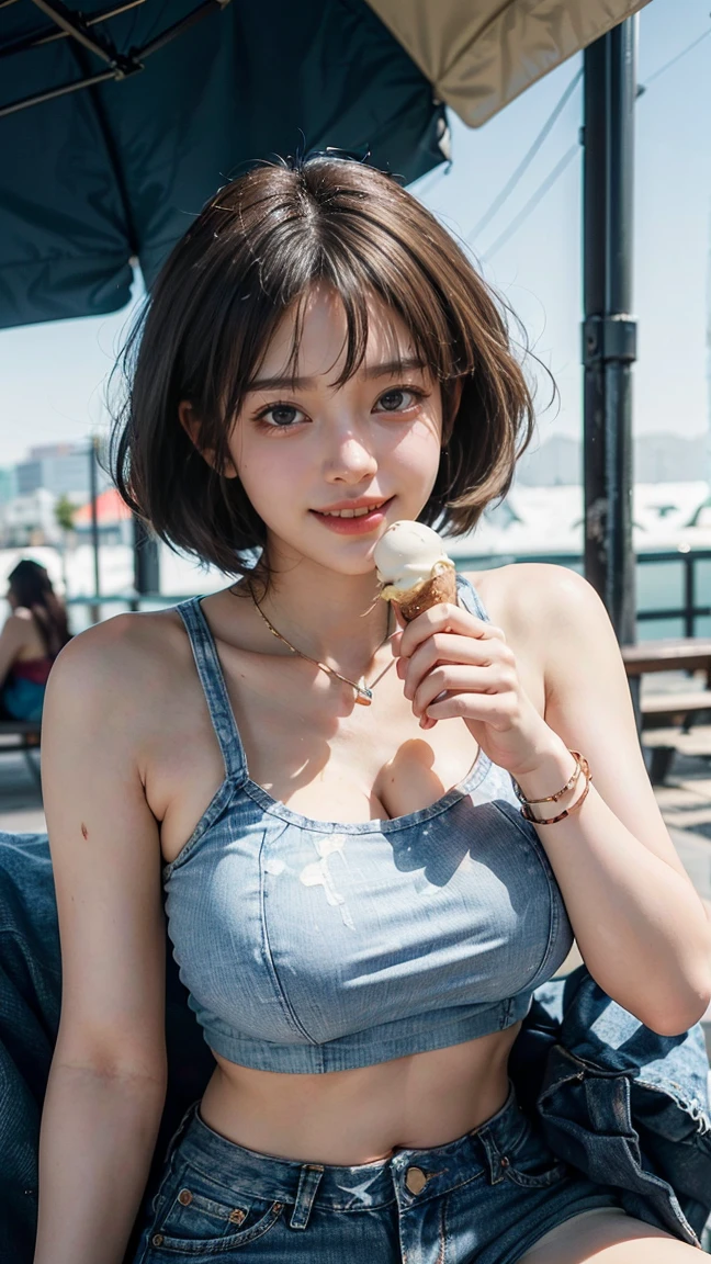 (Masterpiece, BestQuality:1.3), (ultra detailed:1.2), (hyperrealistic:1.3), (RAW photo:1.2),High detail RAW color photo, professional photograph, (Photorealistic:1.4), (realistic:1.4), ,professional lighting, (japanese), beautiful face, (realistic face), cute woman, (Big Breasts:1.5), (cheerful Smile:1.5), Trending Hair&Trending Hairカラーをランダムに, earrings, necklace, bracelet, sexly, erotic sexly, Random sexy gravure poses, (((A woman wearing a white crop top and denim shorts、She is posing sexy with a happy smile while eating ice cream in the park.。Her brown bob hair is swaying。:1.2), Beautiful location, (Detailed Background), Random composition)