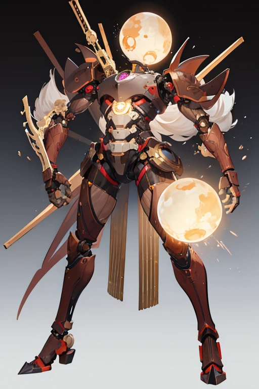 A Japanese humanoid machine made entirely of wood Its skin is brown and has wood grain patterns all over its body. The shoulder joints, arm joints, wrist joints, finger joints, knees, and ankles are fitted with balls. The hip joint has two holes and the ball-shaped part on the foot side fits into place. A glowing, spherical gem is embedded in its chest.