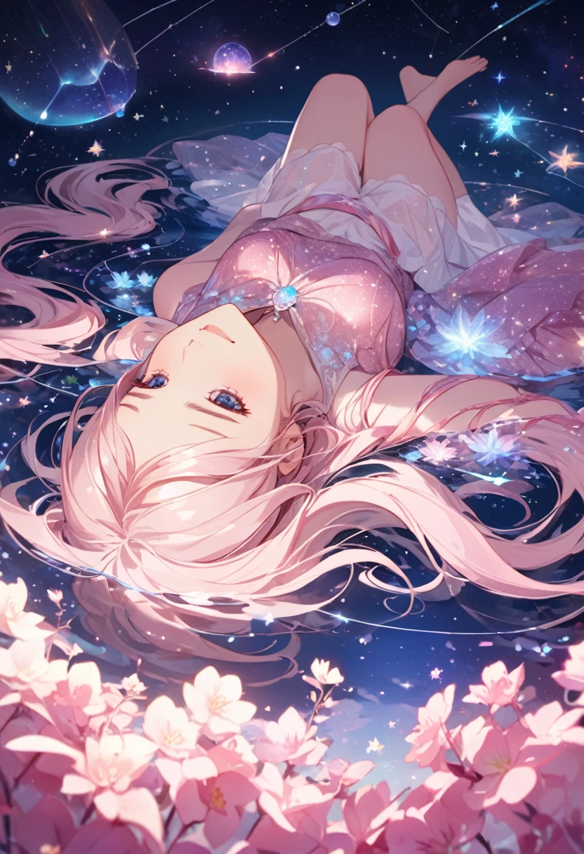 ((ultra detailed face)),Describe a scene in which a beautiful woman character is lying on a water, Look up at the starry sky. Surround her with colorful nebulae and her favorite constellations.(((big smiling))).((forehead)),milky white and pink theme