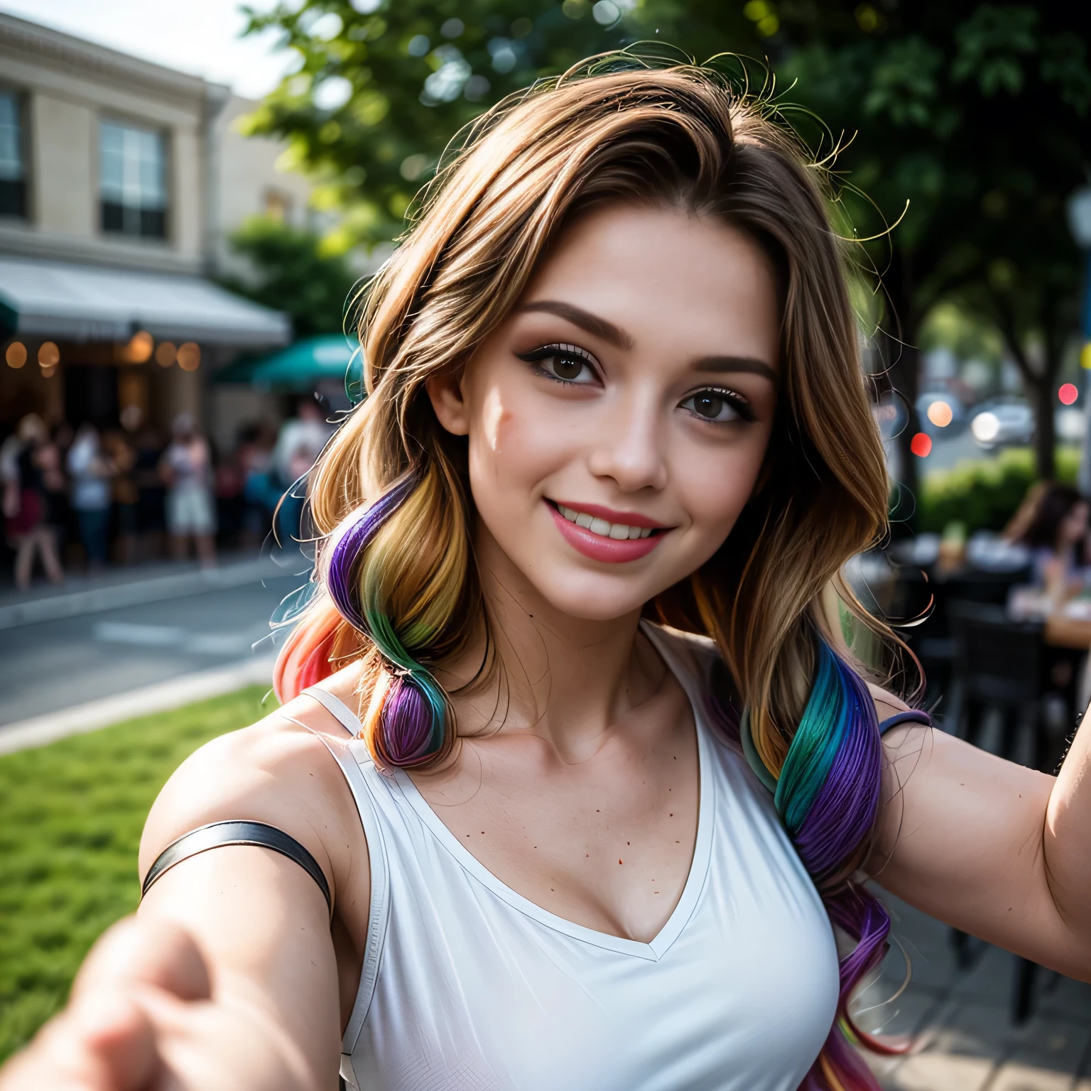 (masterpiece, photorealistic:1.4, extremely intricate:1.3, radiosity, photon mapping, dtx), ((20 year old athletic teenage supermodel, (smiling, happy, long eyelashes, makeup:1.2), white flowerprint summer dress, ((top view:0.8, selfie:0.8)), red lips)), ((([skin detail:freckles:0.5], portrait))), outdoor, crowded street, restaurant, coffee, professional photograph, (((long curly [blonde hair:rainbow colored hair:0.1])), wind), BREAK ((sunset, ((film grain))), bokeh), BREAK, ((([medium breasts:large breasts:0.9])))