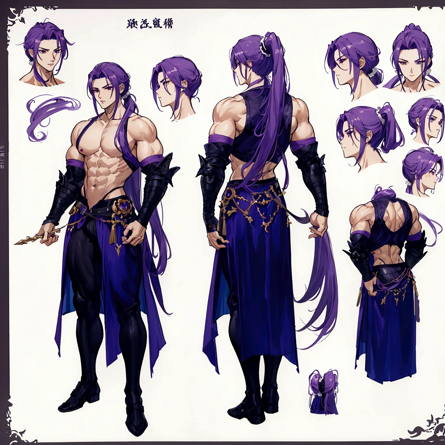 (Masterpiece, best quality), detailed, 1 man, ((character concept art)), ((character design sheet, same character, front, side, back)), full body, body complete, 1 Male, 1 Man, Detailed face, character design sheet，full bodyesbian, Highly detailed, character sheet, character design, Many parts, dark skin, angel wings, long ponytail purple hair, angel outfit, muscle male god,  masculine, muscle man, male muscle, manly, male angel, Muscle male with purple ponytail long hair，beautiful man, abs, pectoral muscle