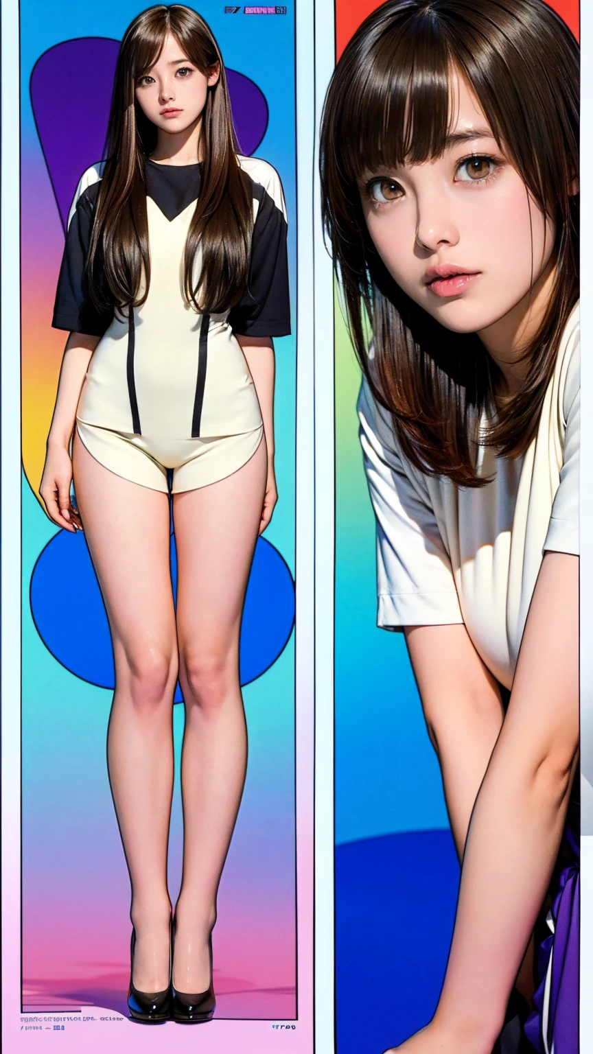 ((masterpiece)),(((Highest quality))),((Character design sheet)),Thin thighs,Long legs,Beautiful 17 year old girl, Big round eyes, (Droopy eyes:1.2), An illustration, art, 70s horror movie posters, Supervised by Junji Ito、High detail, Realistic Shadows、Analog Style, chromatic aberration, Surrealism、Complementary Gradient
