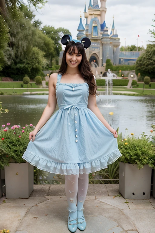 (masterpiece), (best quality), (extremely detailed), alice liddell, blue dress, white apron, long very puffy very curly hair, black hairband, white long socks, cute pose, in a flower garden, (pond), (((disney castle at the background))), (blue sky), (sunny day), 3d. Illustration, Good Highlights, Perfect Proportions, dynamic, Professional, Award winning, (high detailed skin), (high detailed face), photorealistic, HDR, ultra highres, absurdres, perfect body shape, cute smiling, full body, shoes