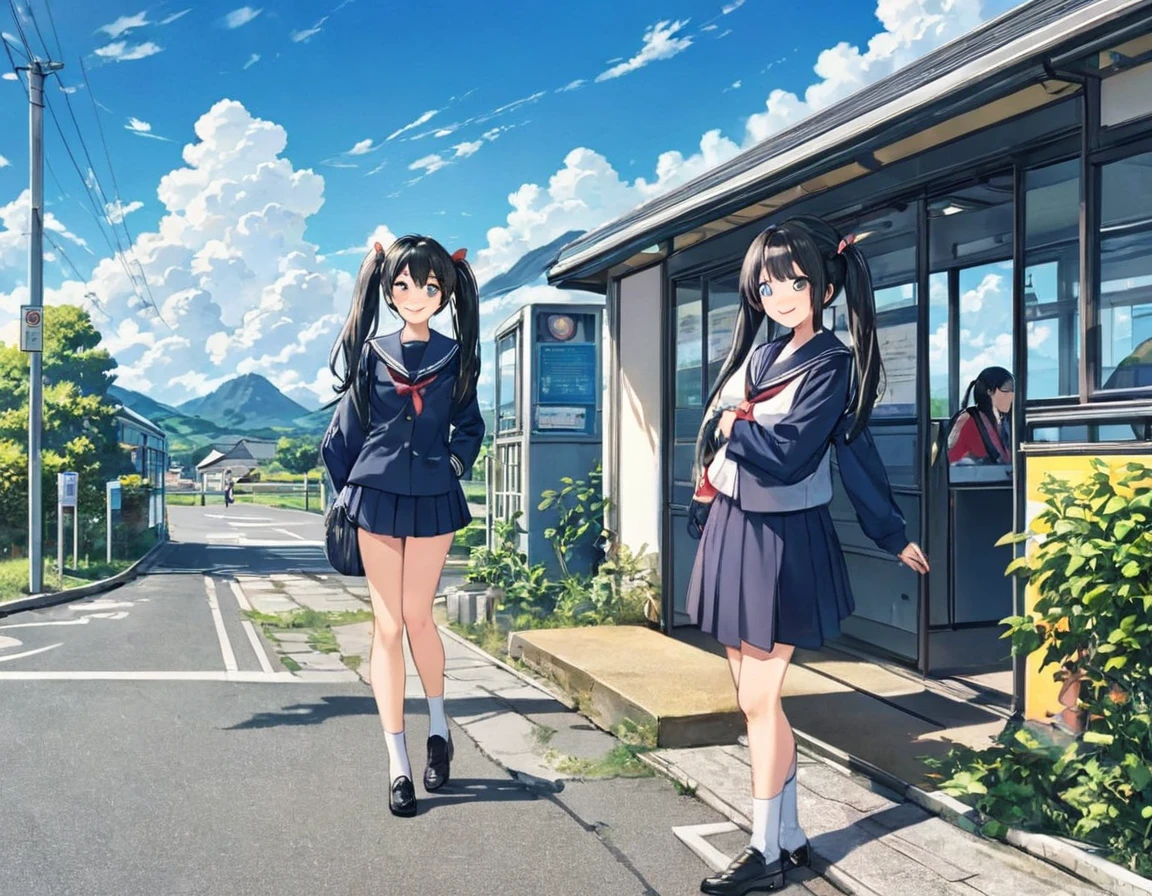 Black long hair、Two beautiful girls with twin tails、Sailor suit、Bright smile、Full Body View、Rural Scenery、Rural landscape、Waiting for the bus at the bus stop in front of the old house、I can see the bus、White clouds in blue sky、Face Highlights