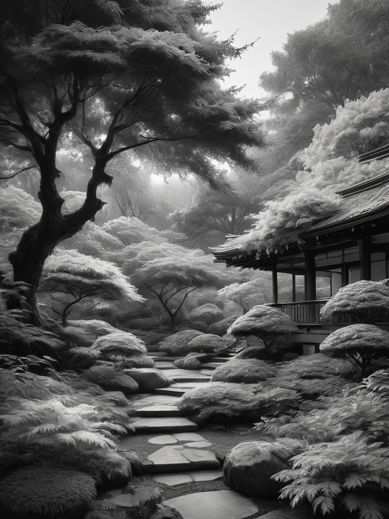 stunning black and white graphite sketch of Japanese teples in a Japanese garden, panoramic shot, in dynamic pose, by Anna Razumovskay, (by Alyssa Monks:1.1), by Joseph Lorusso, by Lilia Alvarado, beautiful lighting, sharp focus, 8k, high res, (pores:0.1), (sweaty:0.8), Masterpiece, Nikon Z9, Award - winning photograph, --ar 16:9 --style raw --stylize 750 --niji 6, perfect composition, beautiful detailed intricate insanely de