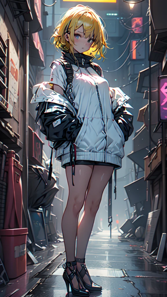 1 girl, short yellow hair, cyberpunk, Alice in Wonderland, black high heels, hand in pocket, best quality, 4k, 8k, highres, masterpiece:1.2, ultra-detailed, realistic, photorealistic, photo-realistic:1.37, HDR, UHD, studio lighting, ultra-fine painting, sharp focus, physically-based rendering, extreme detail description, professional, vivid colors, bokeh, concept art