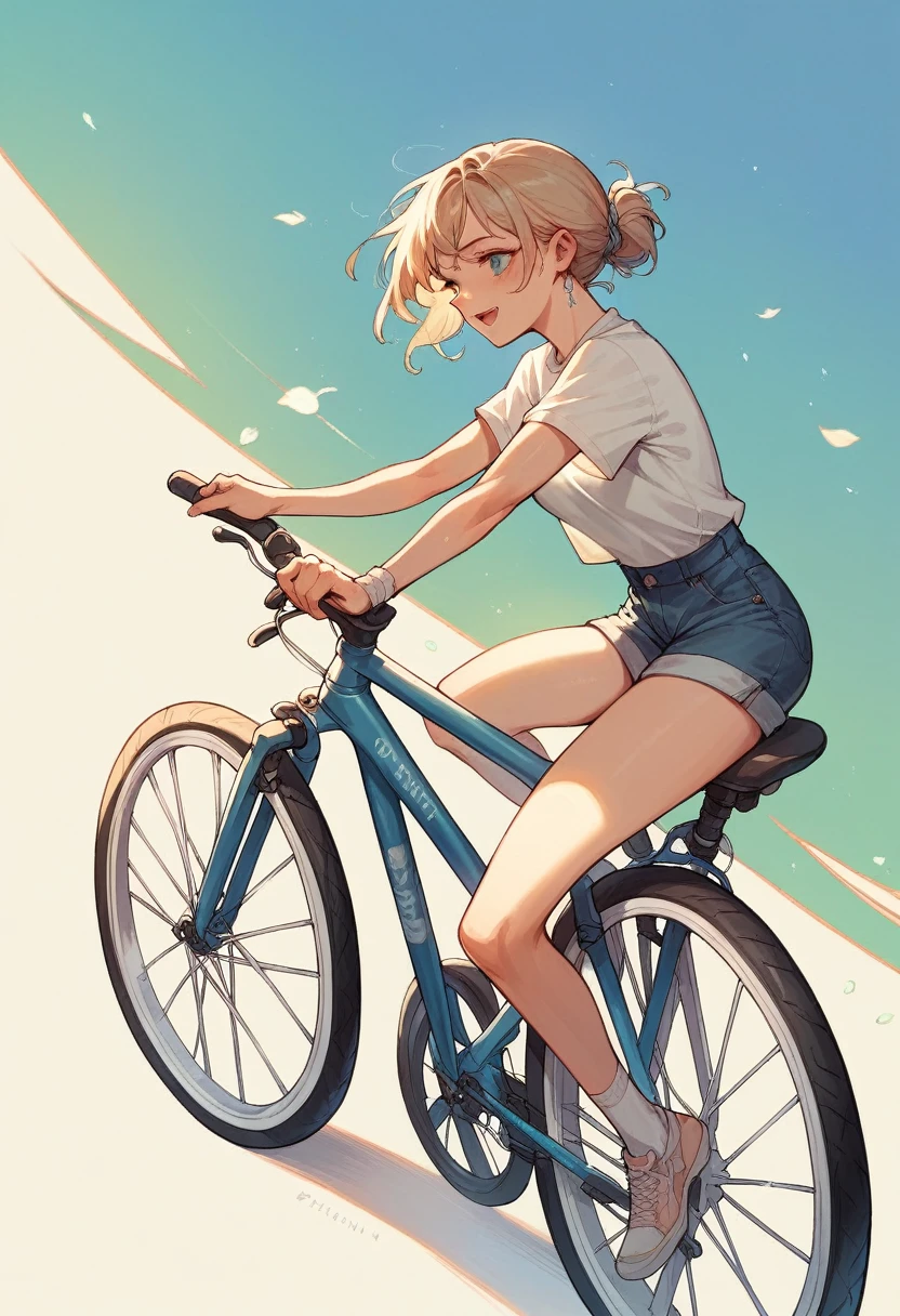 Beautiful girl riding a light blue bicycle