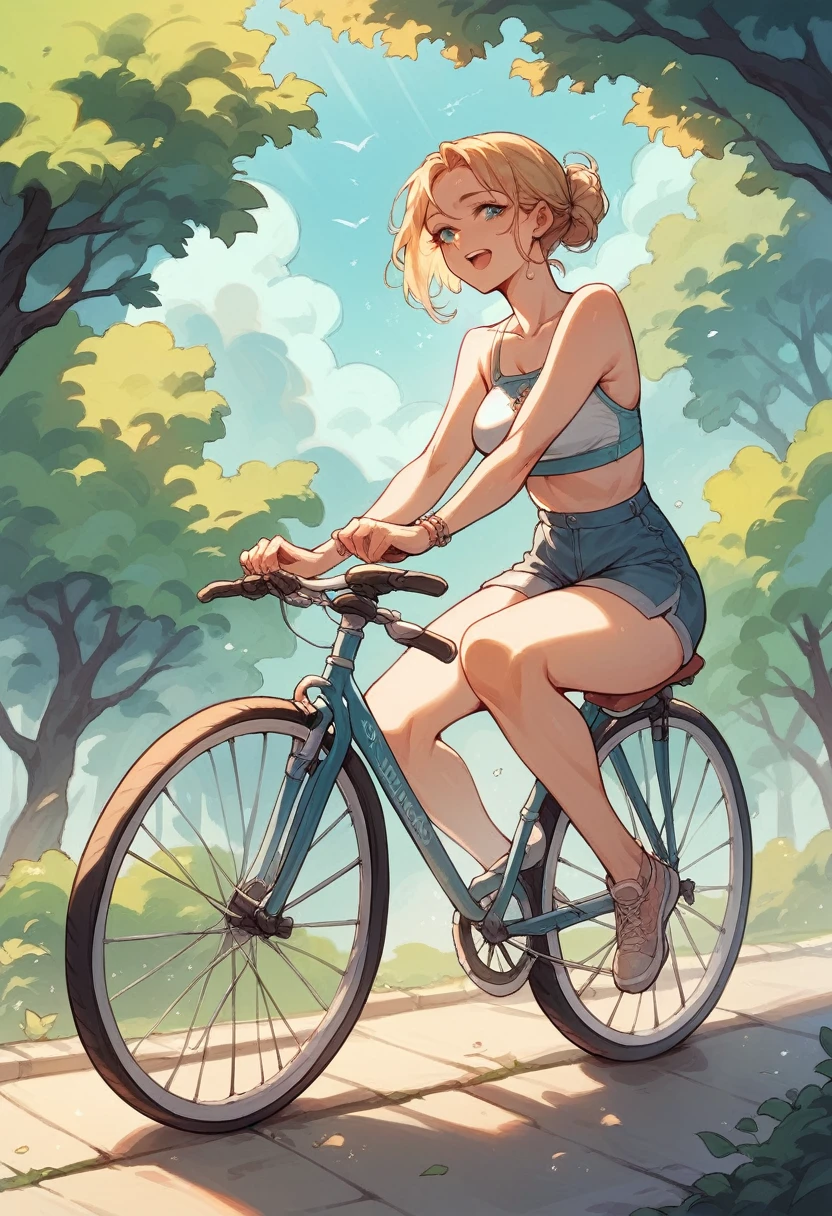 Beautiful girl riding a light blue bicycle