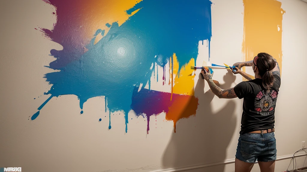 Create a scenario of a large wall painted with colorful paints simulating tattoos