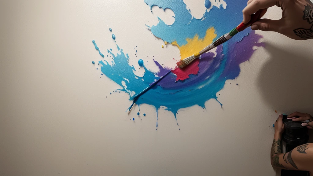 Create a scenario of a large wall painted with colorful paints simulating tattoos