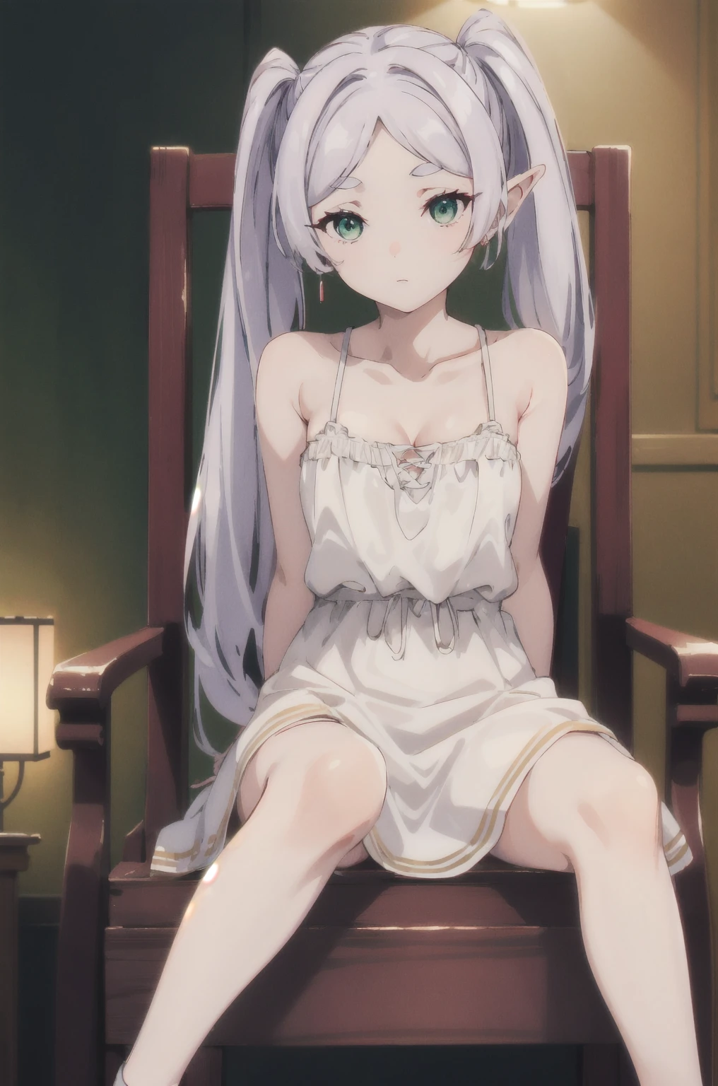 èŠ™èŽdryè“®,One girl,alone,Fairy,Gray Hair,灰colorの髪の毛,earriSleeveless dress,White Dress,Sleeveless dress,Bare shoulders,clavicle,ngs,Pointed Ears,Long Hair,ponytail,Green Eyes,Twin tails,Parted bangs,Thick eyebrows,Browsing Caution,Small breasts,Cleavage,Browsing Caution, 20-year-old,young woman,beautiful指,beautiful長い脚,beautiful体,beautiful鼻,beautifulキャラクターデザイン, Perfect Eyes, perfect face,Expressive eyes,Sitting in a chair,Spreading her legs,I can see her panties,
View your viewers,
Official Art,非常に詳細な CG ユニティ 8K 壁紙, Perfect lighting,colorful, bright_front_face_Lighting,Shiny skin, 
(masterpiece:1.0),(Highest_quality:1.0), 超High resolution,4K,Super detailed,
photograph, 8K, High resolution, High resolution, Absurd:1.2, 400 for Kodak Port, Film Grain, Blurred Background, Bokeh:1.2, Lens flare, (Vibrant_color:1.2), (beautiful_face:1.5),(narrow_Waist), ,Browsing Caution,, Amazing visuals, High resolution,masterpiece,Highest quality,