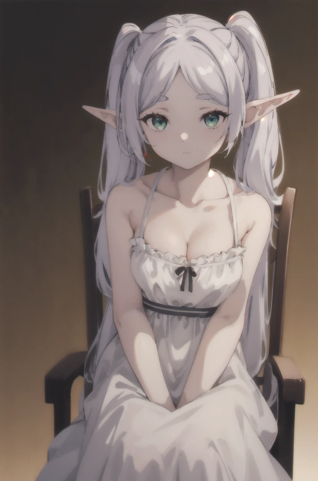 芙èŽdryè“®,One girl,alone,Fairy,Gray Hair,灰colorの髪の毛,earriSleeveless dress,White Dress,Sleeveless dress,Bare shoulders,clavicle,ngs,Pointed Ears,Long Hair,ponytail,Green Eyes,Twin tails,Parted bangs,Thick eyebrows,Browsing Caution,Small breasts,Cleavage,Browsing Caution, 20-year-old,young woman,beautiful指,beautiful長い脚,beautiful体,beautiful鼻,beautifulキャラクターデザイン, Perfect Eyes, perfect face,Expressive eyes,Sitting in a chair,Spreading her legs,I can see her panties,
View your viewers,
Official Art,非常に詳細な CG ユニティ 8K 壁紙, Perfect lighting,colorful, bright_front_face_Lighting,Shiny skin,
(masterpiece:1.0),(Highest_quality:1.0), 超High resolution,4K,Super detailed,
photograph, 8K, High resolution, High resolution, Absurd:1.2, 400 for Kodak Port, Film Grain, Blurred Background, Bokeh:1.2, Lens flare, (Vibrant_color:1.2), (beautiful_face:1.5),(narrow_Waist), ,Browsing Caution,, Amazing visuals, High resolution,masterpiece,Highest quality,