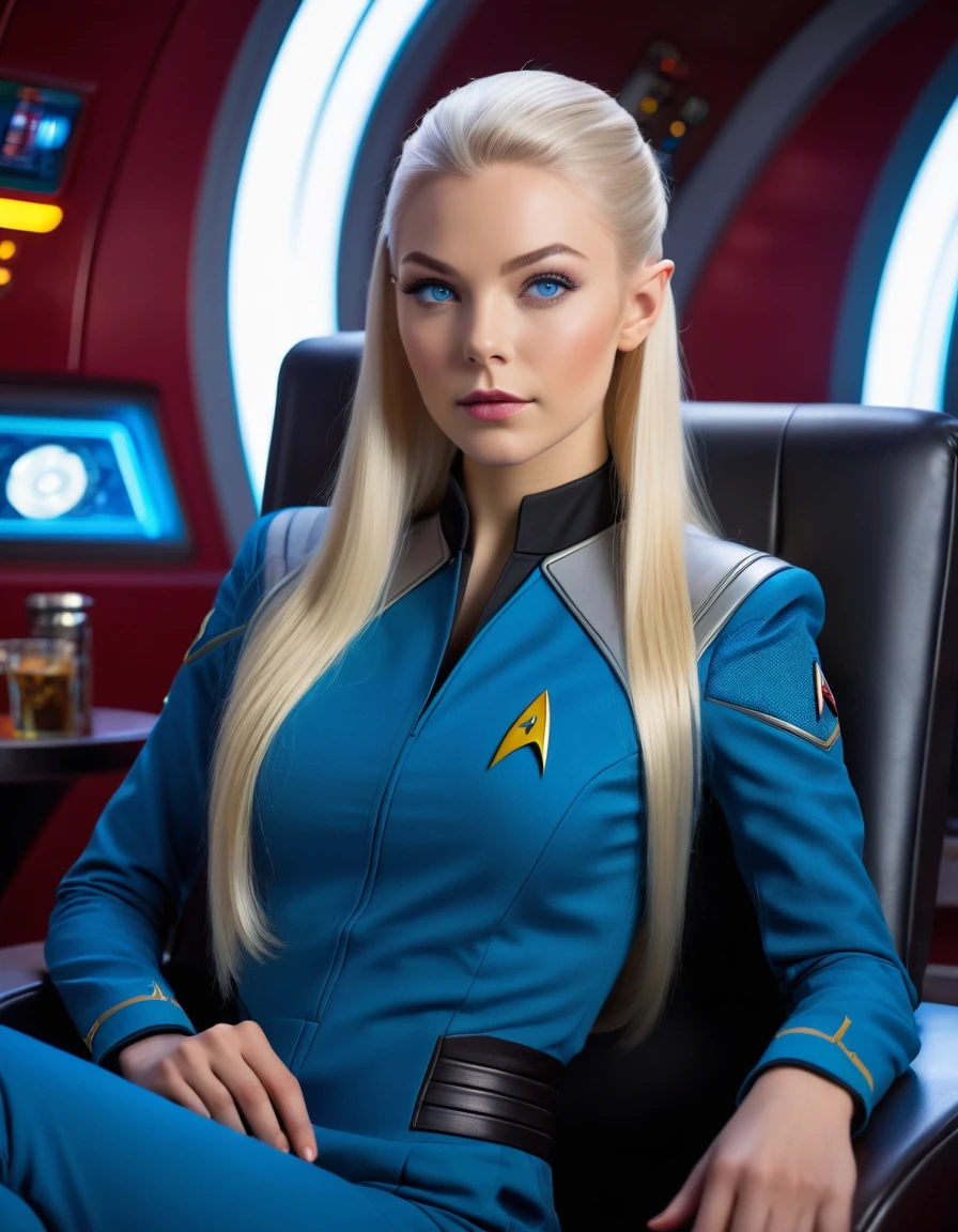 very attractive 25 year old girl with long platinum blonde hair, Beautiful Young Woman wear a Star Trek Uniform, sitting on chair on Enterprise cantina, Blue Eyes, perfect Skin, Perfect Body, Perfect Face, masterpiece, 8k. Sublime Light, rimlight , very realistic