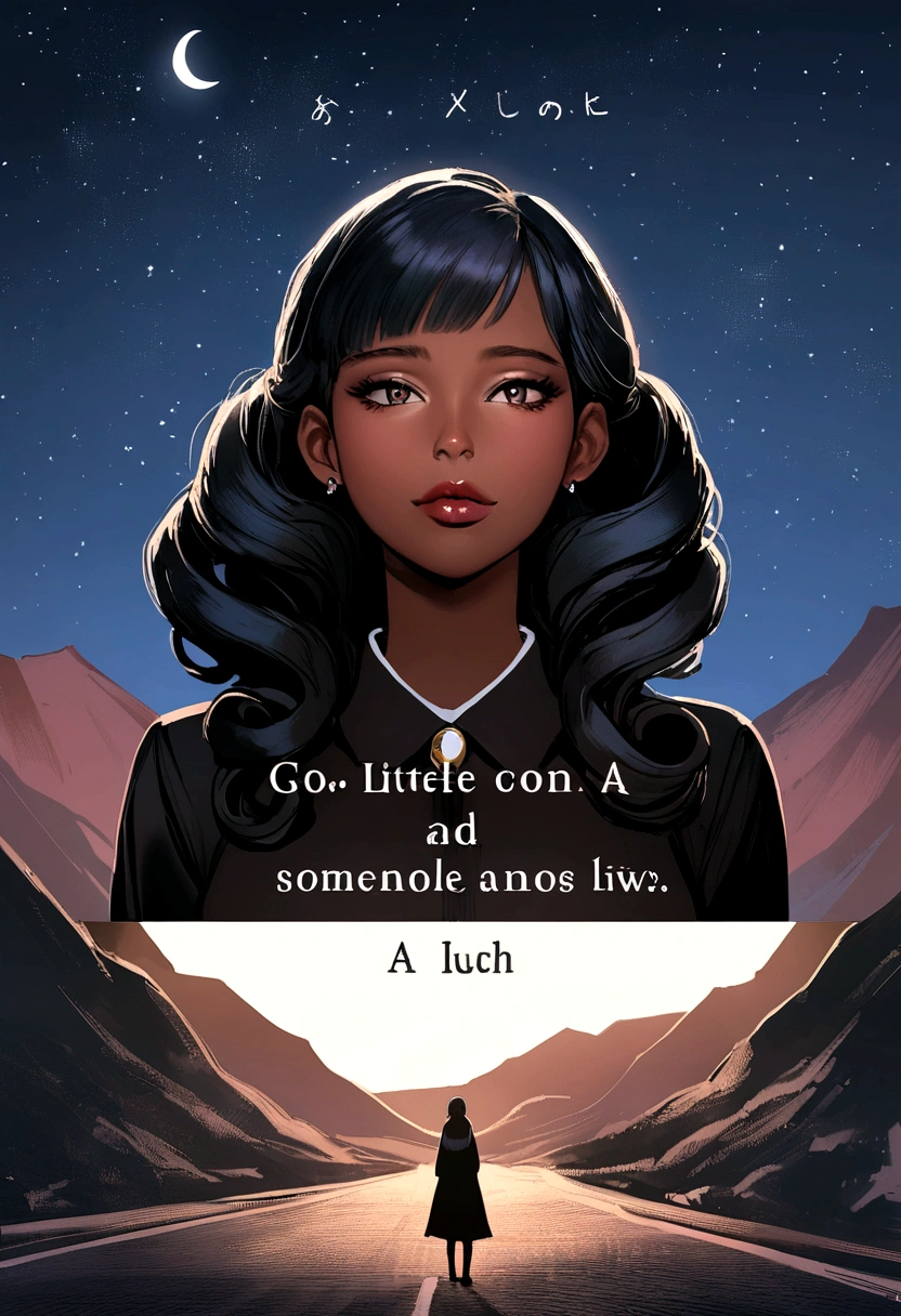 a black woman with curly hair on the road with realistic mountains look, night with stars and crescent moon in the upper left corner, a sentence written in algerian font white color black contour, in Portuguese with emphasis on the image:\nStudy, Work, Invest, Speak Little and Live Much. \nAnd if someone nice comes along the way, invite you to follow along. \nAnd while it doesn't appear, go alone.