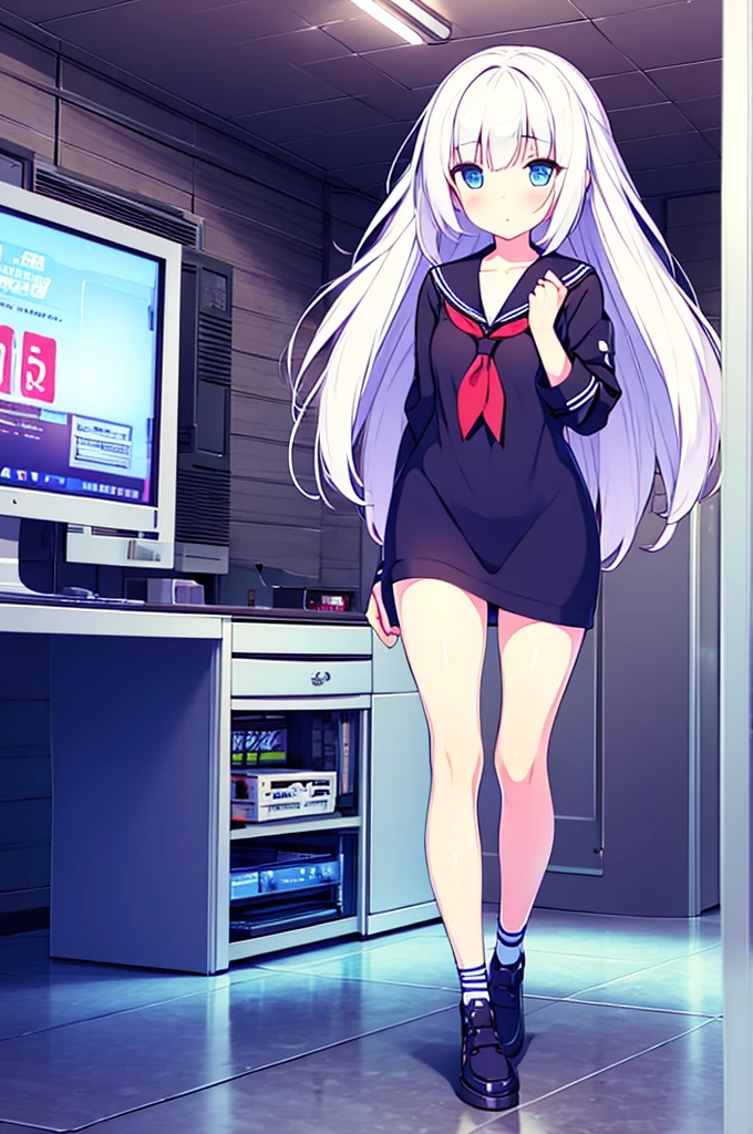 1 beautiful girl, great image quality with lots of detail, ray tracing, in a navy sailor , long stockings, blue eyes, white hair, , in a neon room, PC gaming, perfect anatomy, full body.