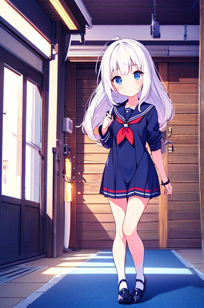 1 beautiful girl, great image quality with lots of detail, ray tracing, in a navy sailor , long stockings, blue eyes, white hair, , in a neon room, PC gaming, perfect anatomy, full body.