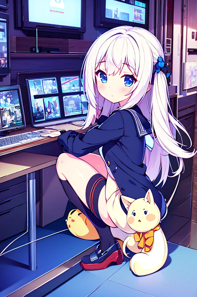 1 beautiful girl, great image quality with lots of detail, ray tracing, in a navy sailor , long stockings, blue eyes, white hair, , in a neon room, PC gaming, perfect anatomy, full body.