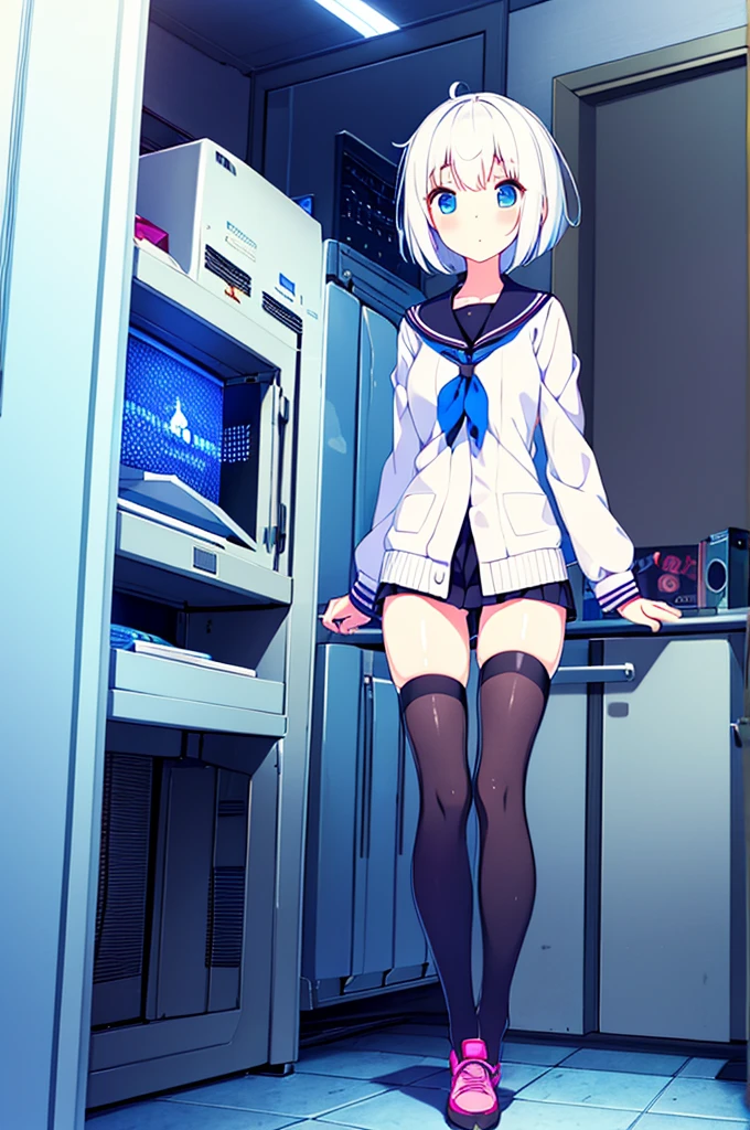 1 beautiful girl, great image quality with lots of detail, ray tracing, in a navy sailor , long stockings, blue eyes, white hair, , in a neon room, PC gaming, perfect anatomy, full body.