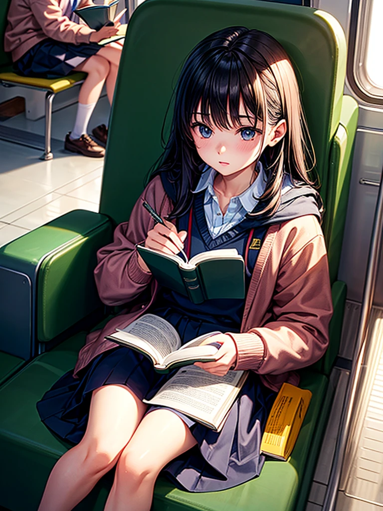 Highest quality,Highest Resolution,A student reading a book on the train,