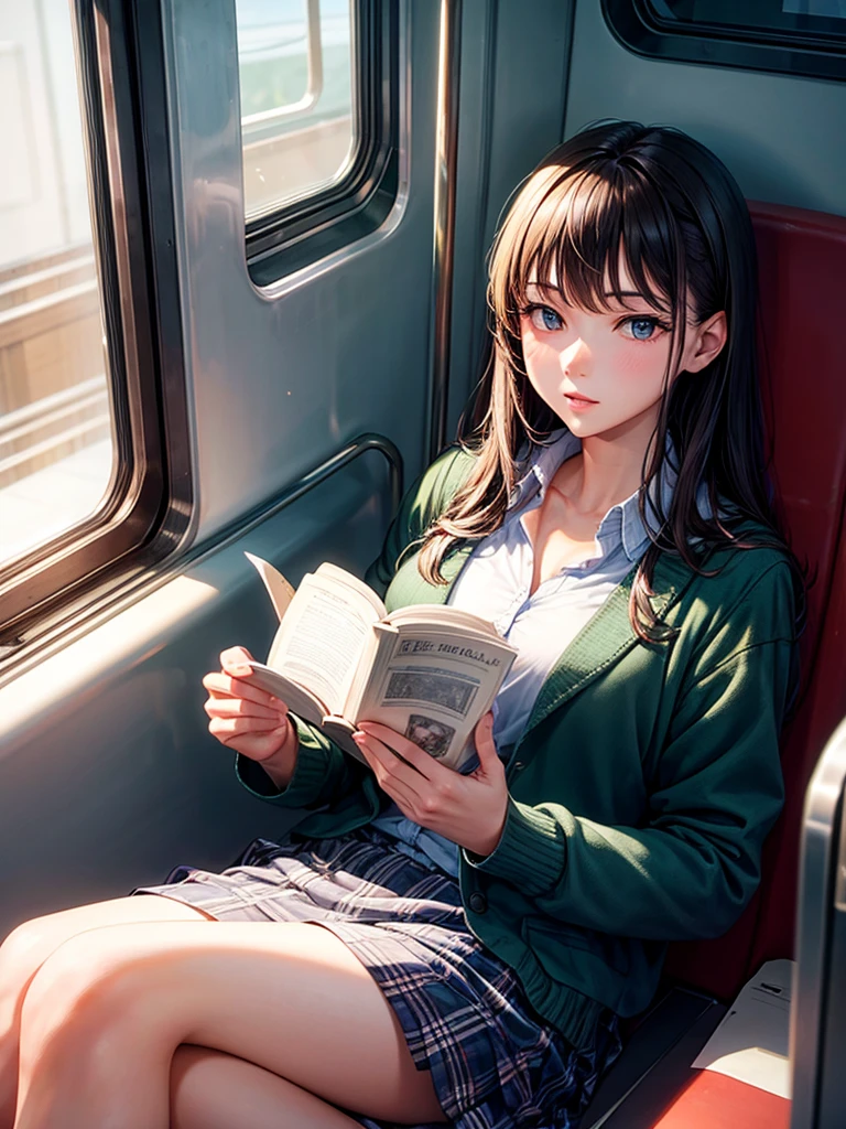 Highest quality,Highest Resolution,A student reading a book on the train,