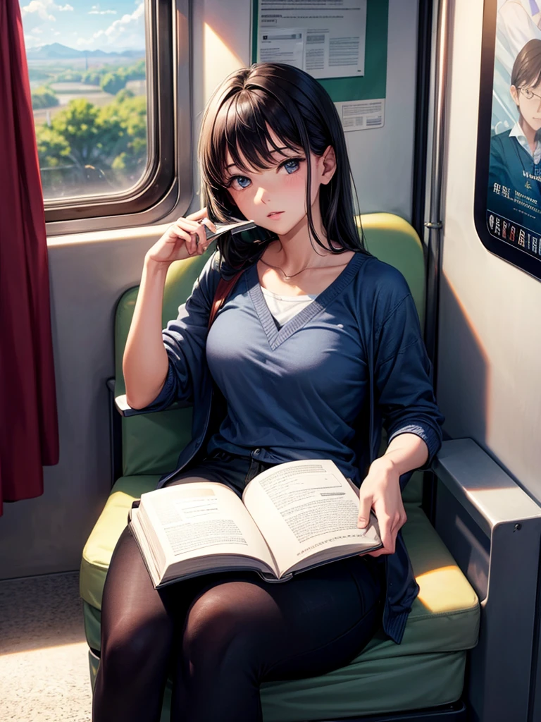 Highest quality,Highest Resolution,A student reading a book on the train,