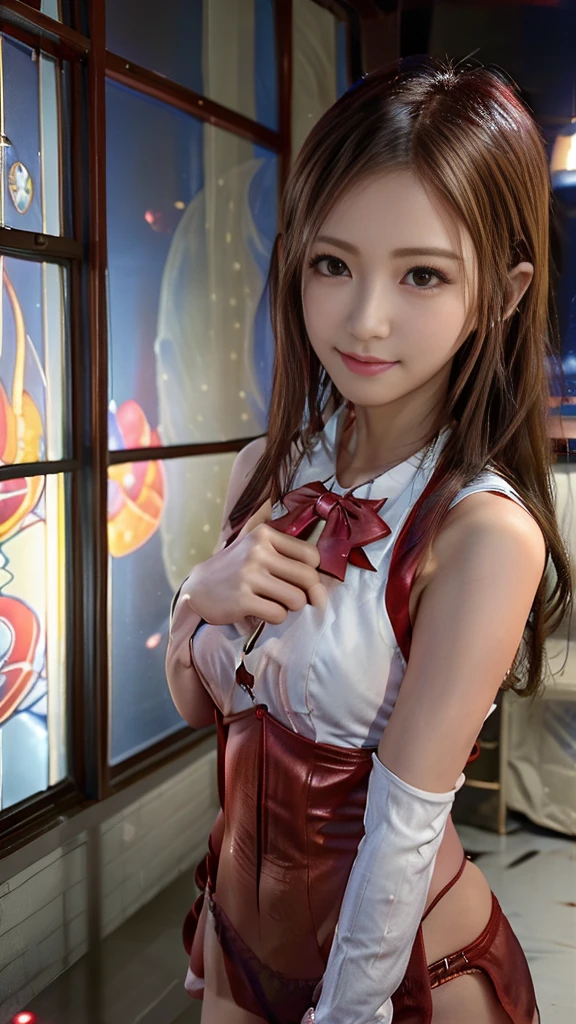 ((masterpiece)), 4k, beautiful (((Japanese cute idle))), ((best quality)), professional lighting, highres, 35 mm lens, f 1/1.4, 18 years old, blonde streaked braid hair, round face, short neck,(solo girl:1.45), supergirl, (wonder woman:0.6), (looking at viewer), (detailed face:1.2), full body, (red sparkly plunk lips:1.1), realistic painting, intricate, (realistic eye:0.9), (realistic painting:0.9), beautiful shine blue eyes, clean nasal bridge, frozen, soft tits, (school uniform:1.35), silky white wet cutter shirt, (sparkly red underwear with loose front opening is transparent:1.1), (flat chest:0.8), ((small breasts)), smile, embarrassed, BREAK, very strong morning direct light,  (bound and crucified with mass of chains made of crystal:1.3), (erotic:0.9), raise one arm, (many small fine ice crystals:1.1),  ribs are faintly visible, (much water dancing in the air:1.3), bathing, indoor, in pool, (shiny skin:1.2)