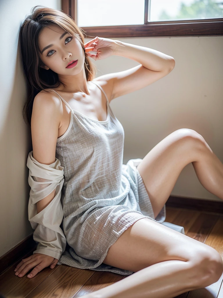 Dark brown hair、Light brown eyes、Japanese actress、 Lady、I am about 40 years old....、(Intricate details:1.2)、(Which is the top????:1.4)、 (Ultra-high resolution:1.2)、Ultra-high resolution、(Finely tuned)、(Detailed facial features)、Hmph、8K resolution、D cup size breasts、Long Hair、Large windows、Extravagant space、relax、、,Full body photo、Head to toe shot、Beautiful legs、camisole dress、Beautiful legs、A refreshing room filled with sunlight、she, household items, (plant:0.8), Fashion Hub, Attention to detail, Very detailed, Realistic, Hourglass Shaped Body, Obscene pose,、、私 cry a lot、tears、person on the left、White wall、White floor、diagonally from below、please lift your chin、sit on the table、Relaxed expression、Pose of Weakness、(auraroid photo:1.2)、From outside the window、Transparent painting、8K、32k、Highest quality、(Details of both eyes)、1 Girl、elegant、(Loose dress :1.4)、sunset、sit、(Low Angle、From what angle are you looking at this???:1.2)、Hilarious、Leaning against a wall、