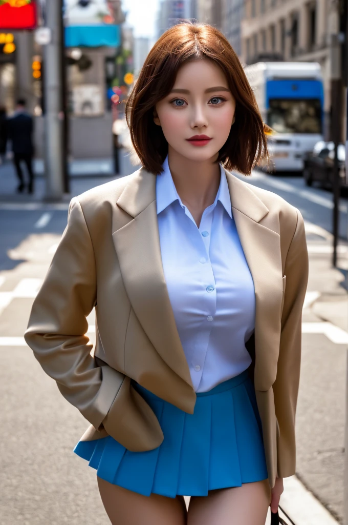 a face of the most beautiful actress in the world, the perfect body proportions of a 17 year old female, blazer being worn on formal shirt is tight thanks to large breasts under it, panties between bare legs are seen just a little thanks to skirt is too short, medium hair cut, standing, at city street, large breasts of a female, nsfw, best quality, highly detailed, masterpiece, ultra high res, photo realistic, 8k